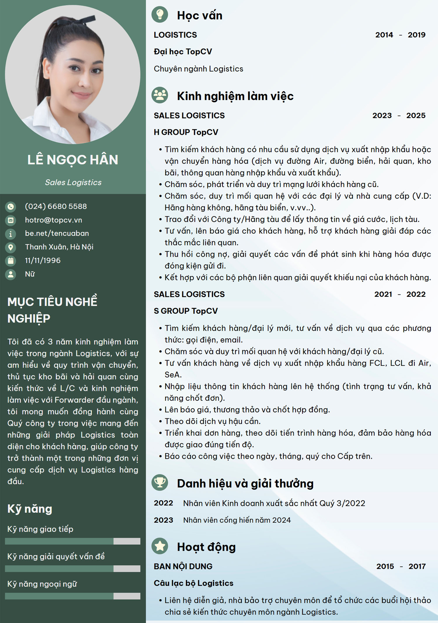 Mẫu CV Sales Logistics